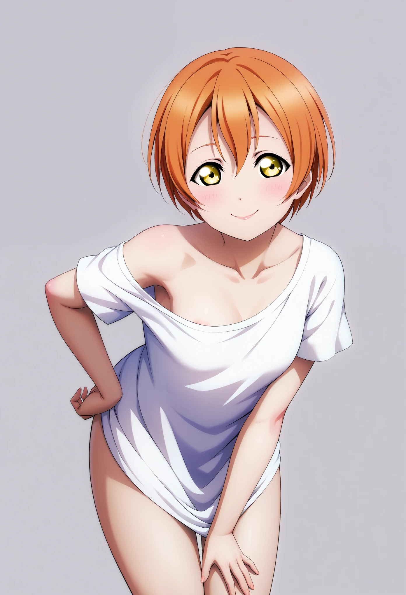 masterpiece, best quality, 8k wallpaper,realistic anime style,love live art style, rin hoshizora, (yellow eyes:1.3), orange hair, medium hair, blushing , Hoshizora rin, golden ,glowing eyes, wearing only oversize white shirt, shoulder slip,short sleeves, thighs,standing , (leaning forward:0.7), looking at viewer , simple background , collarbone, chest exposed , sexy , smile 