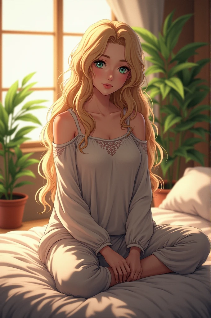 Screenshot from Boku no hero academia, anime. , beautiful woman, sitting on bed, wearing loose off-shoulder top, pajama pants, long curly hair Light blonde, Bright golden eyes, indoors, soft lighting, plants in background, window with sunlight, cozy room, relaxed pose, realistic, intricate details, warm colors, by Greg Rutkowski, by Alphonse Mucha. Sexy, hot. Sensual