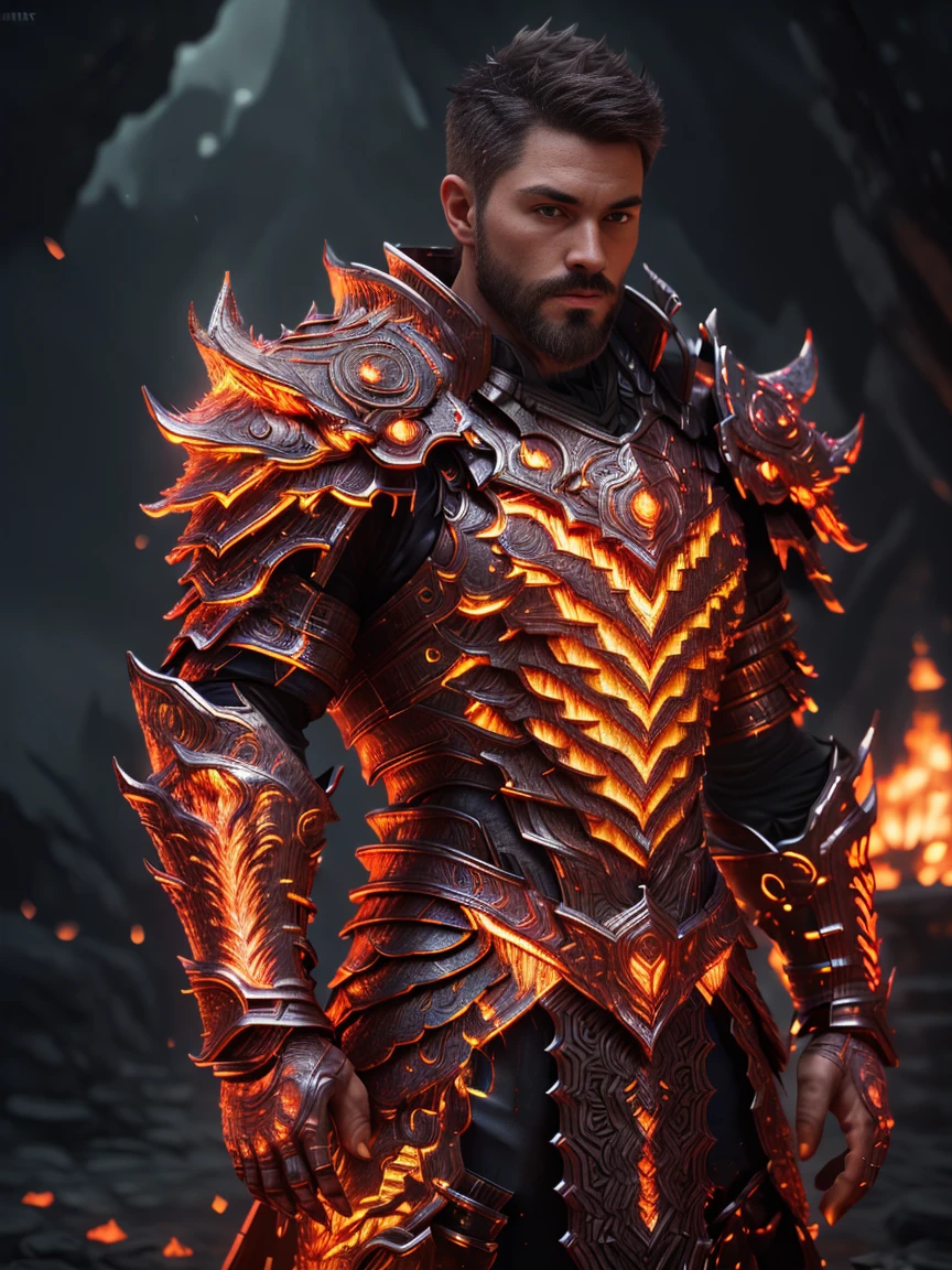 1man, A shot of a charismatic male fitness model, 30 years old，small beard, Sexy and charming expression，gloomy eyes，Blue eyes, captured in a castle, emb3r4rmor, wearing an embers barbarian armor, dynamic pose, night lighting, cinematic and moody, (best quality,4k,8k,highres,masterpiece:1.2),ultra-detailed,(realistic,photorealistic,photo-realistic:1.37),HDR,studio lighting,professional,vivid colors,dramatic lighting