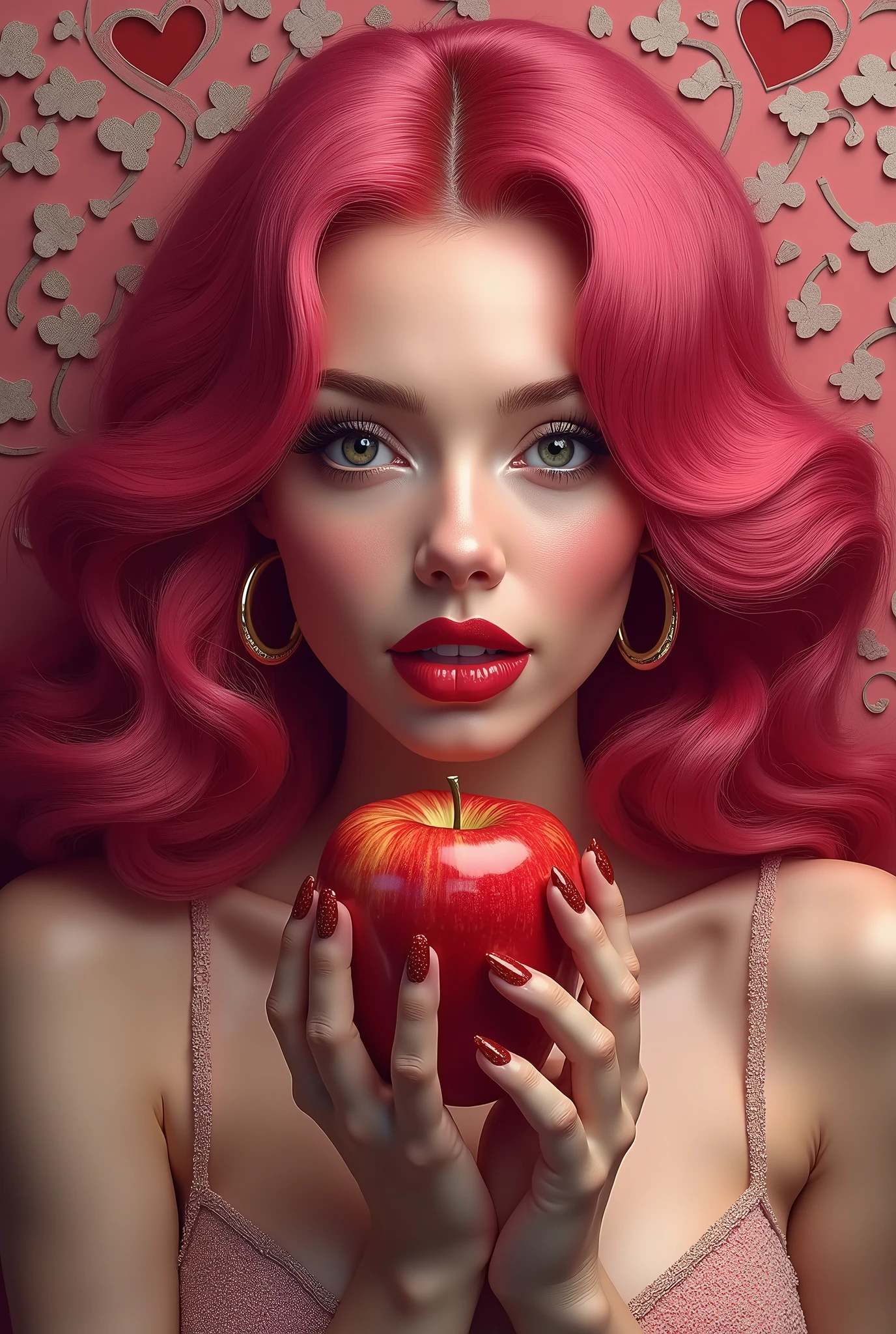 Beautiful girl with pink hair lies on the grass. Her hair flutters in the wind in one hand she holds a red aapple, and in the second she squeezes women&#39;s pink panties, big breasts