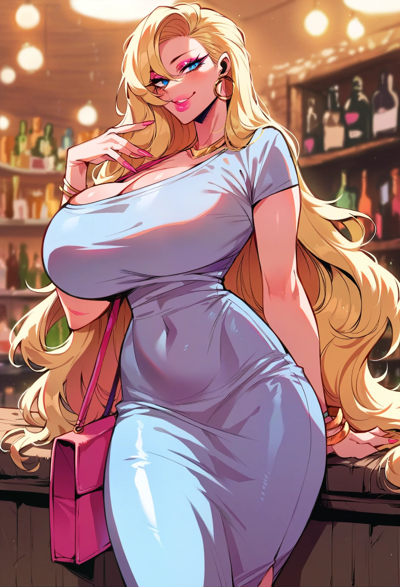 (score_9, score_8_up, seductive face, seductive expression), score_9, score_8_up, seductive face, indoors, bar, woman, massive breasts, hourglass figure, eyeliner, pink makeup, [bimbo:0.2], smile, very long hair, blonde hair, blue eyes, tight pink minidress, bracelet, purse, source_anime, rating_explicit 