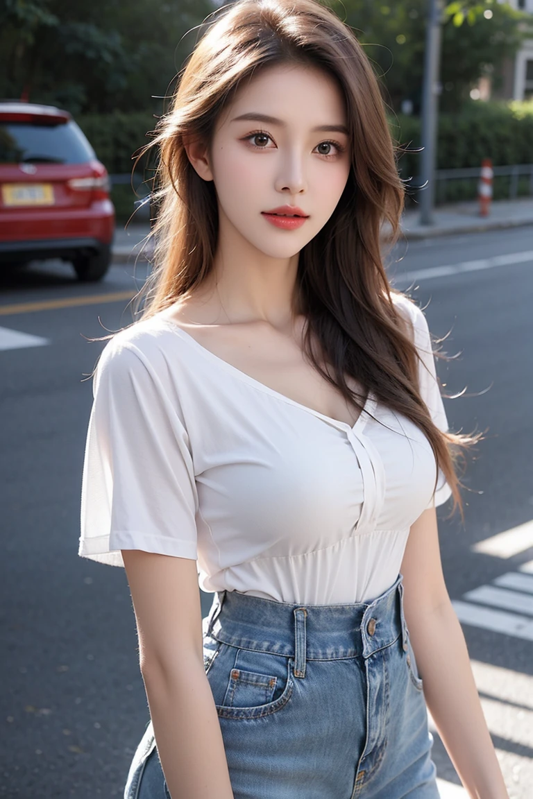 (8K, RAW Photos, Highest quality, masterpiece:1.2), (professional photography, full colors, studio-caliber color grading), (Gravure quality for high-end fashion magazines), BREAK, 18 year old girl, (boyish:1.15), (mannish:1.1), Big Natural Color Lip, (Plumpy body:1.2), (thick waistline:1.2), (smooth skin:1.1), (huge breasts:1.0), BREAK, (Logo T-shirts:1.2 high-waist shorts, necklace