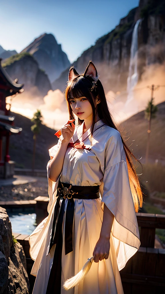 detailed background, masterpiece, best quality, 1girl, hakurei reimu, brown hair, hair tubes, hair ribbon, brown eyes, nontraditional miko, a forest full of purple and white trees, fireflies, water, purple theme, white theme, mystical, magical,