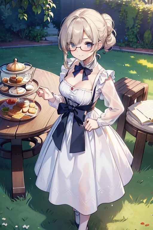 (best quality, masterpiece), (ultra high resolution, 8K RAW photo, photo realistics:1.5, textile shading, thin outline, clear focus:1.2), Beautuful Matured woman preparing tea-time in the garden, standing by the round table, (tea set, tea pot, tea cups, some cakes on dish), classy art deco style table, wearing light_brown maid uniform, breast cleavage, maid costume:1.2, long flare skirts, apron, bow ties on thechest, long tall sally, long legs, long white hair, (wearing thin-flame glasses:1.2), (milf:1.5, 2, solo), (small breast, sagging breast, big tits, narrow waist), (medium short white hair, hair over one eye, (updo hair:1.2), side lock, asymmetric hair, wavy hair), (bright pupils, detailed eyes, high detailed face, Perfect face shape, eye rush), (seductitve smiling, half-closing eyes), (looking at viewers:1.3), (dynamic angle, full body, from above:1.2), ((correct anatomy:1.5, correct hands)), (ideal ratio of body proportions), (outdoor:1.2, grass field), 