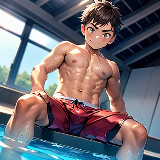 A ********** boy sitting on the poolside (in swimming pool), wearing very tight very short swim trunks shorts with boxer breit strap above, wide open legs, smirk facial expression, sweaty, no shirt on, no top on, brown hair, great quality image, best quality, masterpiece, clear image