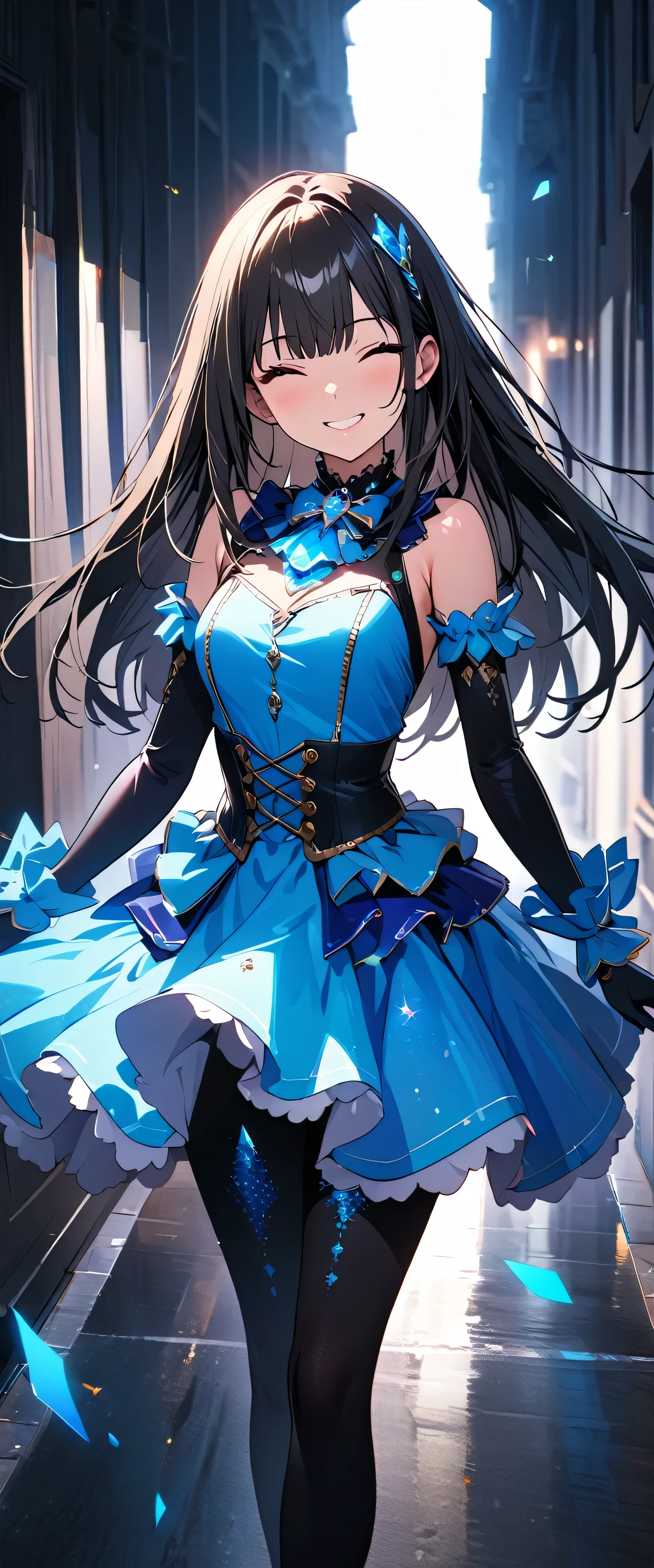 (One Girl,Front facing,Standing,Delicate facial expression:1.6), (anime,8k,masterpiece, Highest quality, Highest quality,beautifully,aesthetic:1.2,Professional illustrations:1.2,Super detailed:1.3), Very detailed, Most detailed, Brilliant, High resolution, Super detaileded, Very exquisite beautiful face and eyes, Skin and breasts you can imagine,Emphasize the chest,A blue and white tunic with a breastplate,Blue mini skirt,tights,head band,Wristband,boots,