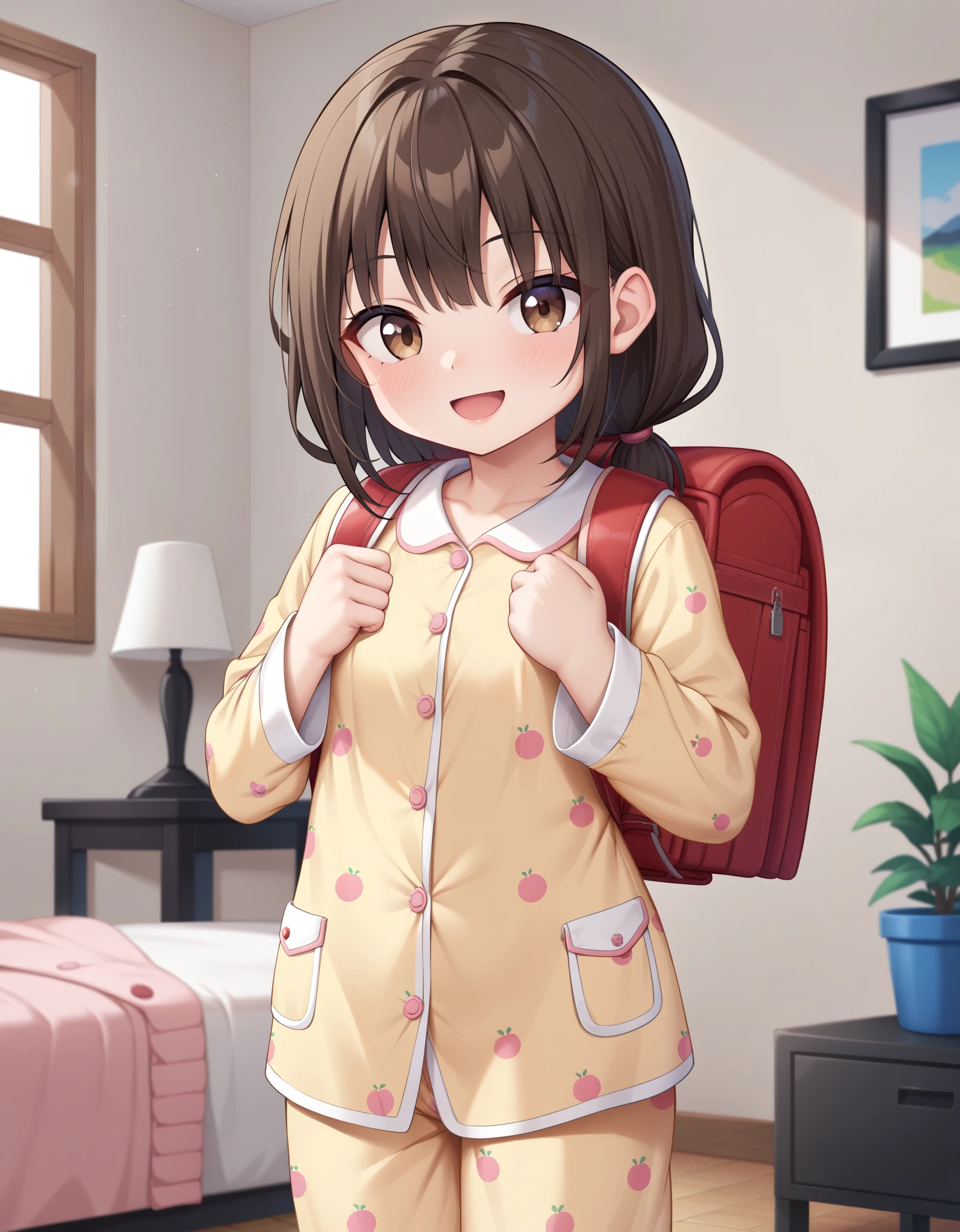 masterpiece, best quality, high resolution, extremely detailed, detailed background, cinematic lighting, 1girl, cute girl, , 6 y.o, young girl 1girl, brown hair, brown eyes, smile, wear pajamas, (pajamas:1.1),pajamas trouser, bedroom, indoor, standing,wearing randoseru backpack, (randoseru backpack:1.2)