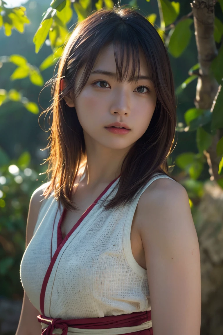 (Highest quality:1.4),(masterpiece:1.4),(Realistic:1.4),(Realistic:1.2),(超High resolution, RAW Photos:1.4),(High resolution, Ultra-detailed:1.2),(8k:1.2),Cinematic photography,a photo of a dark-haired,One girl,alone,wear ,((Japanese female warrior))、((Upper Body:1.3))、Raise your arms to show your sides、((Raise your arms to show your sides))、In the park