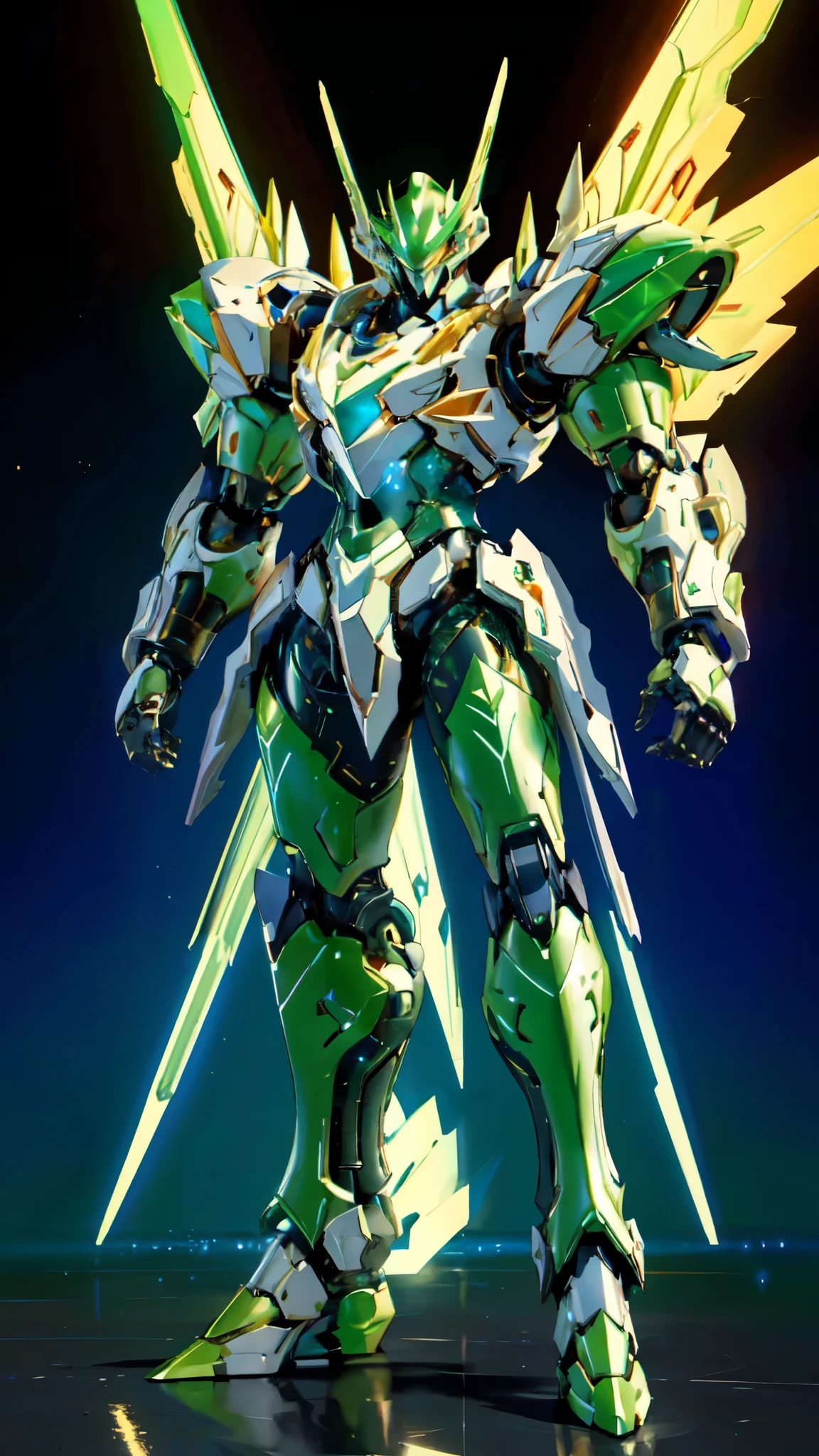 (masterpiece:1.5, best quality:1.5, extremely delicate:1.5), (male:1.5), humanoid Mecha, fully enclosed shoulder guards, matching arm and leg guards, full body, full armor, the design balances heavy with agility, (the color scheme is primarily Green with Red and White accents, the concept Inspired by Heavy Robot, HRS), organic biotech armor, standing, floating high above the futuristic sci-fi city, exquisite and mature art style, (aura effect, glowing eyes, the armor glows), metallic, dramatic, high definition, highres, ultra-detailed, ultra-fine painting, professional, perfect body proportions, anatomically correct, symmetrical face, extremely detailed eyes and face, high quality eyes, creativity, RAW photo, UHD, 32k, Natural light, cinematic lighting, masterpiece-anatomy-perfect