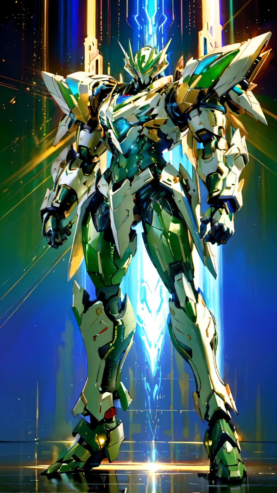 (masterpiece:1.5, best quality:1.5, extremely delicate:1.5), (male:1.5), humanoid Mecha, fully enclosed shoulder guards, matching arm and leg guards, full body, full armor, the design balances heavy with agility, (the color scheme is primarily Green with Red and White accents, the concept Inspired by Heavy Robot, HRS), organic biotech armor, standing, floating high above the futuristic sci-fi city, exquisite and mature art style, (aura effect, glowing eyes, the armor glows), metallic, dramatic, high definition, highres, ultra-detailed, ultra-fine painting, professional, perfect body proportions, anatomically correct, symmetrical face, extremely detailed eyes and face, high quality eyes, creativity, RAW photo, UHD, 32k, Natural light, cinematic lighting, masterpiece-anatomy-perfect