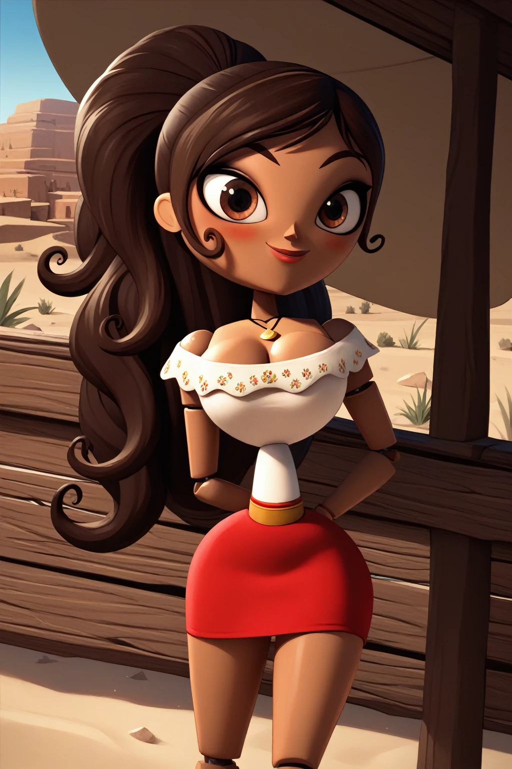 1girl, long hair, ponytail, necklace, joints, cleavage, bare shoulders, off shoulder, wood doll, dark skin, Brown Hair, desert city, day, smile, blushing, Big breasts, dark skin, feet, sexy ass, solo, 1 girl, looking at viwer, front view, standing, Bent Over, white dress, red skirt, mini skirt, below view, cute feet, wood doll, wood skin,