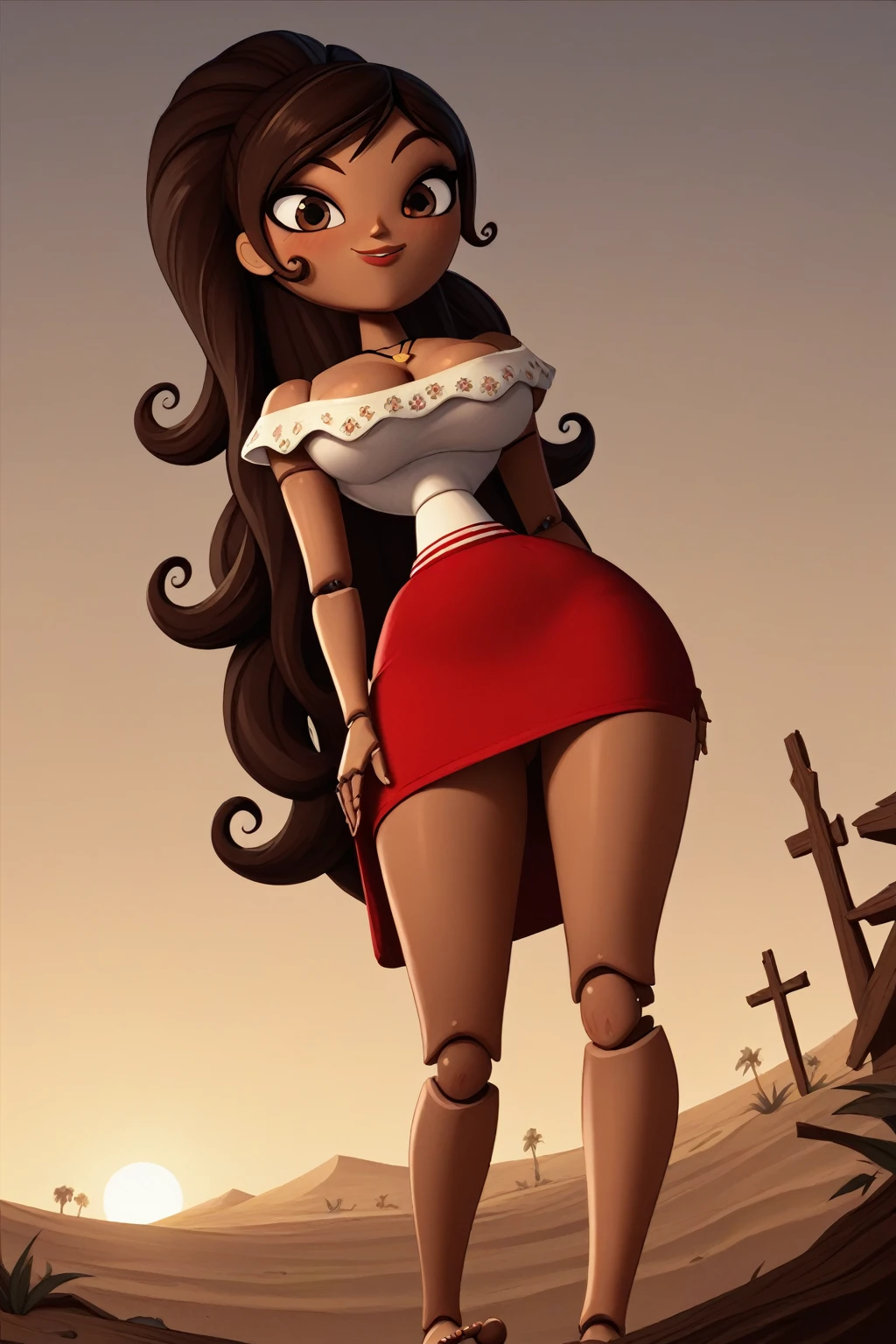 1girl, long hair, ponytail, necklace, joints, cleavage, bare shoulders, off shoulder, wood doll, dark skin, Brown Hair, desert city, day, smile, blushing, Big breasts, dark skin, feet, sexy ass, solo, 1 girl, looking at viwer, front view, standing, Bent Over, white dress, red skirt, mini skirt, below view, cute feet, wood doll, wood skin,