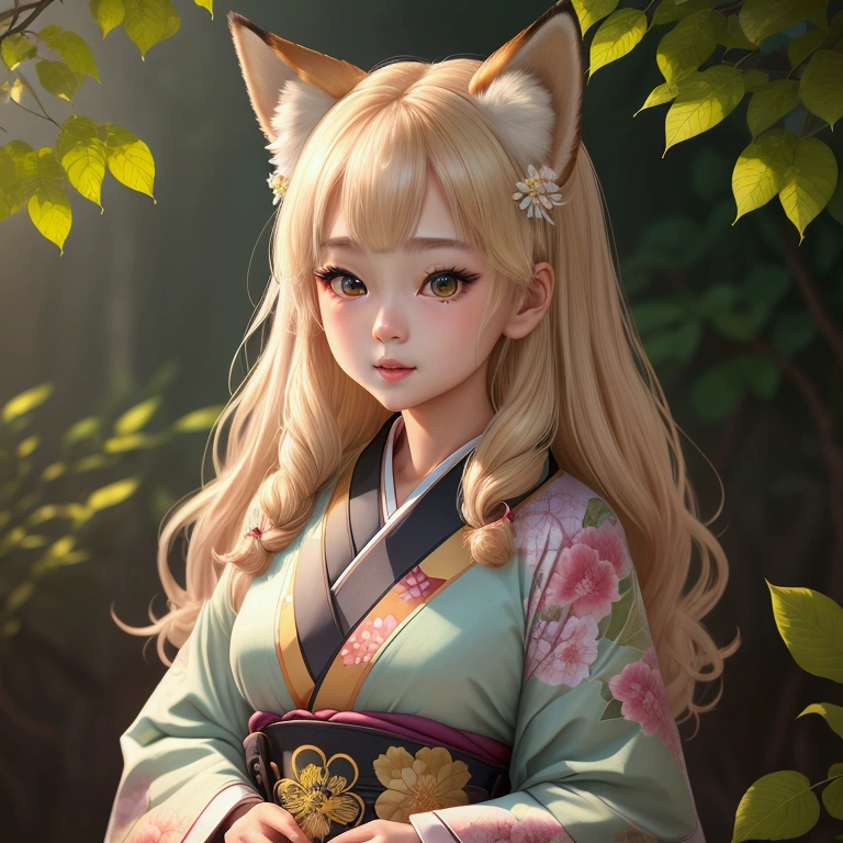 Beautiful fox ears girl、Kimono long-sleeved kimono、cute、Bright atmosphere、fun、Active、One girl、Detailed face、Beautifully detailed eyes、Beautifully detailed lips、Long eyelashes、Very detailed、Very detailed、（Best Quality、4K、8k、High resolution、masterpiece：1.2）、Super detailed、（Real、Photorealistic、Photorealistic：1.37）、Vibrant colors、Warm lighting、Soft Focus、Kimono pattern、Intricate details、Dynamic pose、Natural setting、green々Leaf、Floral accents