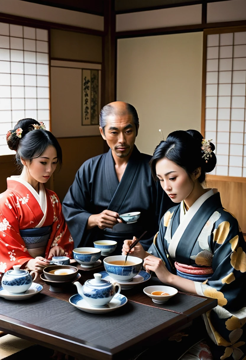 naked horny japanese woman, boobs, ass, having dinner in a distopian old japanese house