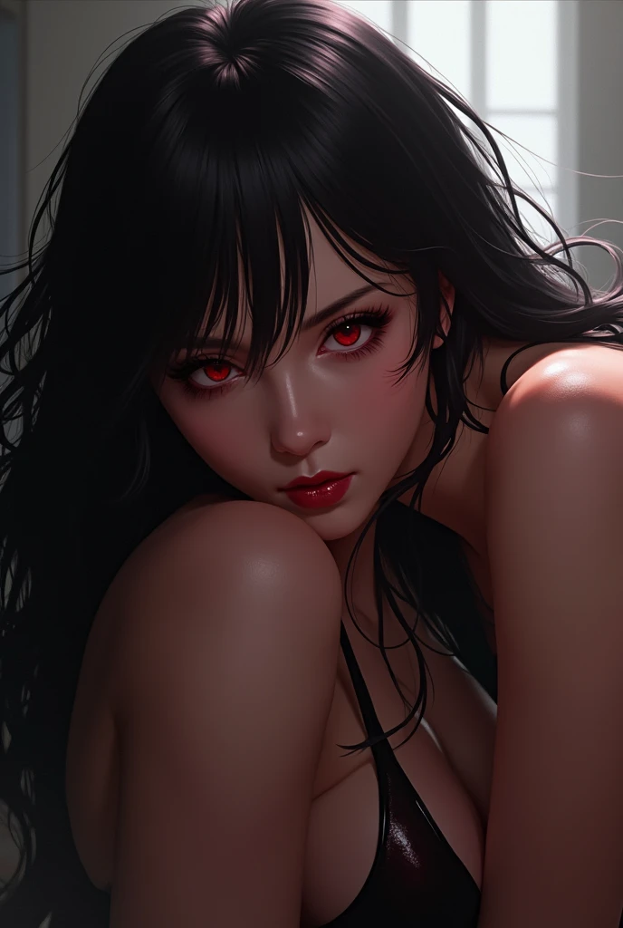 On the luxutious bed there is laying a naked goddess of darknes, she have beatiful face , long black hair , silver eyes smoky eyes make uo and black lipstic , there is thin transpatant wail dressed on her body that all cover with tattoos she have seductive look and laying in sedductive poce, dark smoke looking aura seround her, (ultra high quality fantasy art, dark fantasy style, masterpiece, ultra high quality character design, 8k quality anime art, realistic anime art, top quality wallpaper illustration, detailed ultra high quality accurate face, high quality design and accurate physic)