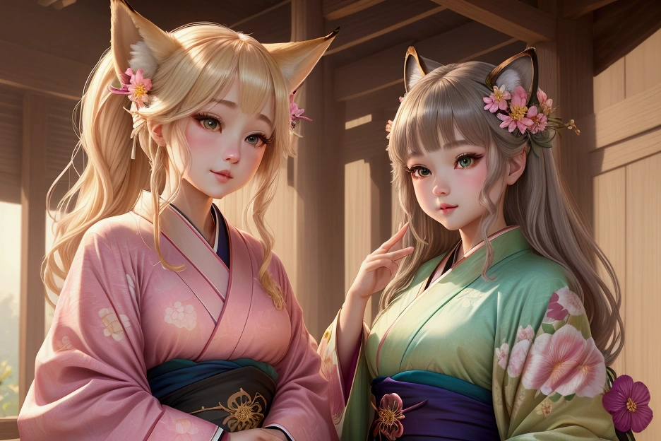 Beautiful fox ears girl、Kimono long-sleeved kimono、cute、Bright atmosphere、fun、Active、One girl、Detailed face、Beautifully detailed eyes、Beautifully detailed lips、Long eyelashes、Very detailed、Very detailed、（Best Quality、4K、8k、High resolution、masterpiece：1.2）、Super detailed、（Real、Photorealistic、Photorealistic：1.37）、Vibrant colors、Warm lighting、Soft Focus、Kimono pattern、Intricate details、Dynamic pose、Natural setting、green々Leaf、Floral accents