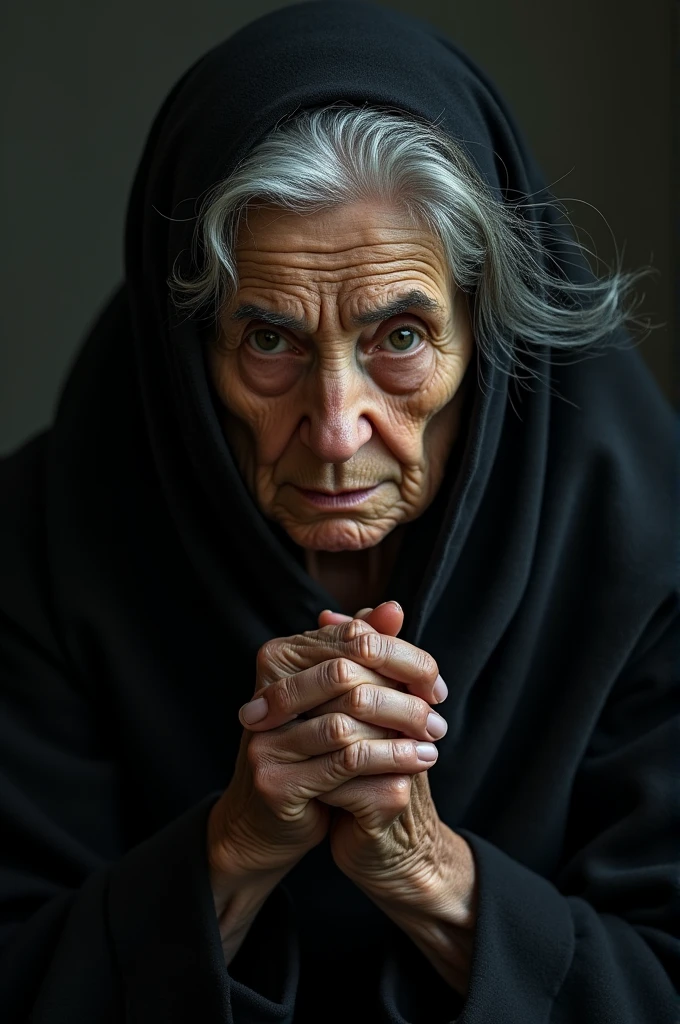 filme de terror, Cursed Old Woman, ,Very ugly old woman, in a dark environment,bruxa, cheia de rugas e cortes no rosto, na casa dos 90 anos, fundo de uma cozinha escura, olhos todos pretos, Roupas escuras, Rasgado, candle in hand, virado para a frente, detalhado no rosto,Realistic image,cabelos grisalhos,corvo