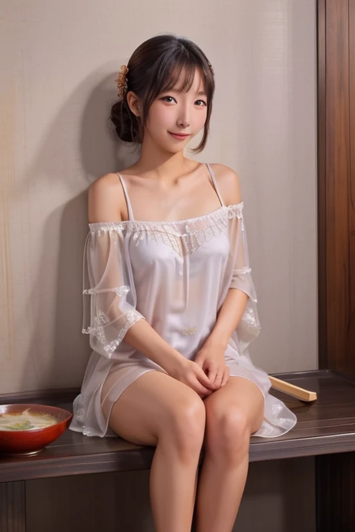 A cute yuna (age 25, sheer night gown no underwear off shoulders) she is leaning against the wall enjoying a bowl of steamy hot noodle soup using chopsticks, joyful expression, light through gown