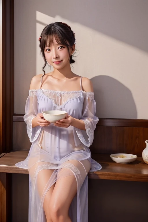 A cute yuna (age 25, sheer night gown no underwear off shoulders) she is leaning against the wall enjoying a bowl of steamy hot noodle soup using chopsticks, joyful expression, light through gown
