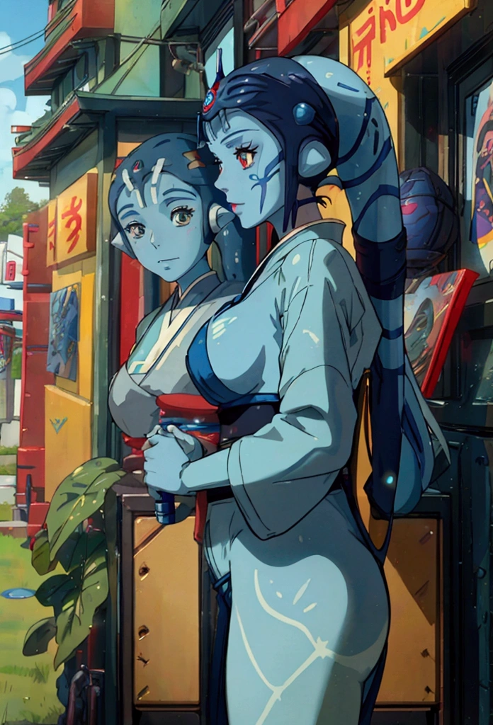 Star Wars,Aayla Secura, a female twi'lek,blue skin,wearing gorgeous red and yellow Kimono,As Geisha, anime, holding a blue lightsaber, Studio Ghibli style,anime, in Japanese beautiful entertainment district, beautiful face
