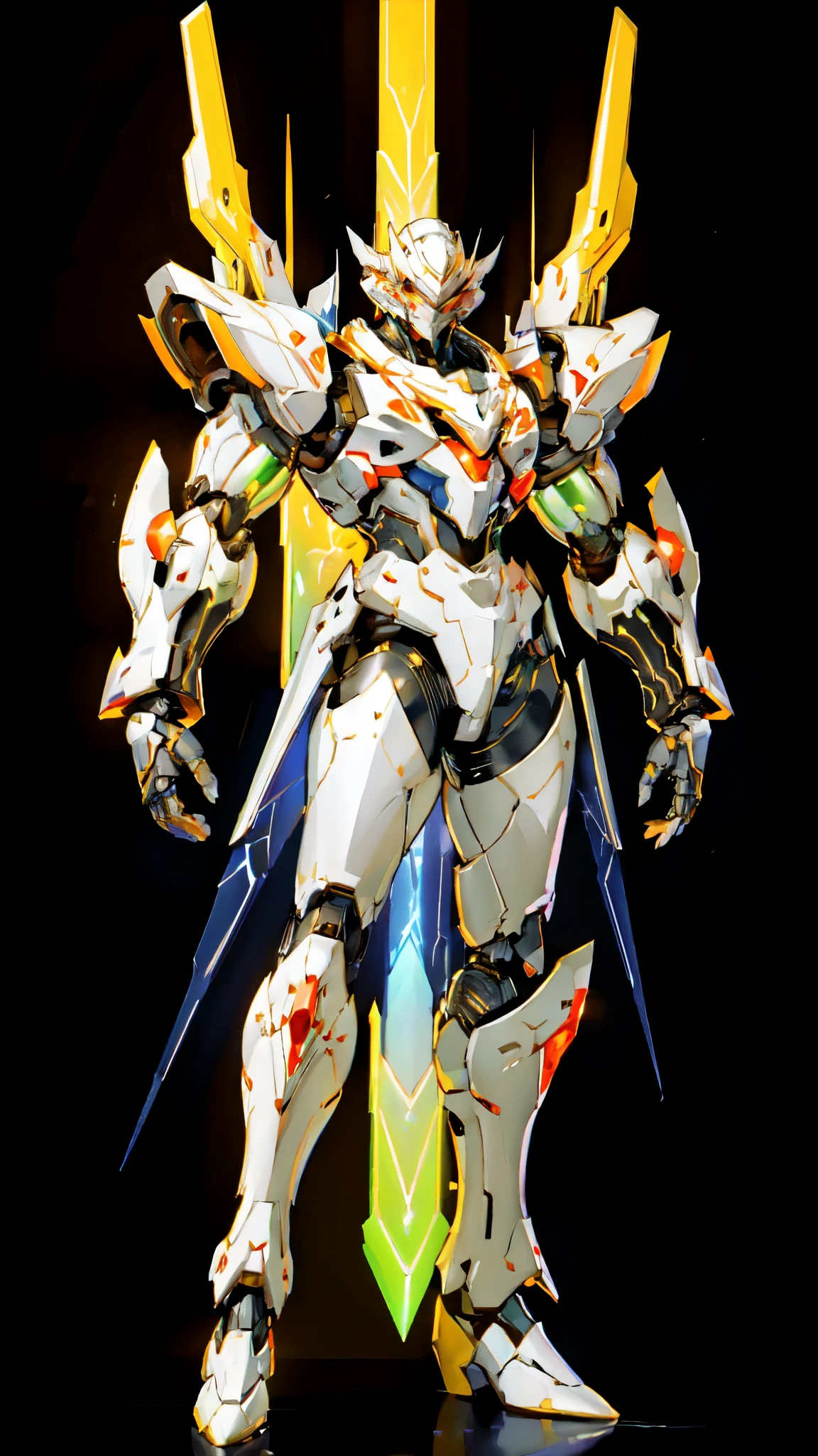 (masterpiece:1.5, best quality:1.5, extremely delicate:1.5), (male:1.5), humanoid Mecha, fully enclosed shoulder guards, matching arm and leg guards, full body, full armor, the design balances heavy with agility, (the color scheme is primarily Black with White and Red accents, the concept Inspired by Fantasy Robot, FRS), organic biotech armor, standing, floating high above the futuristic sci-fi city, exquisite and mature art style, (aura effect, glowing eyes, the armor glows), metallic, dramatic, high definition, highres, ultra-detailed, ultra-fine painting, professional, perfect body proportions, anatomically correct, symmetrical face, extremely detailed eyes and face, high quality eyes, creativity, RAW photo, UHD, 32k, Natural light, cinematic lighting, masterpiece-anatomy-perfect