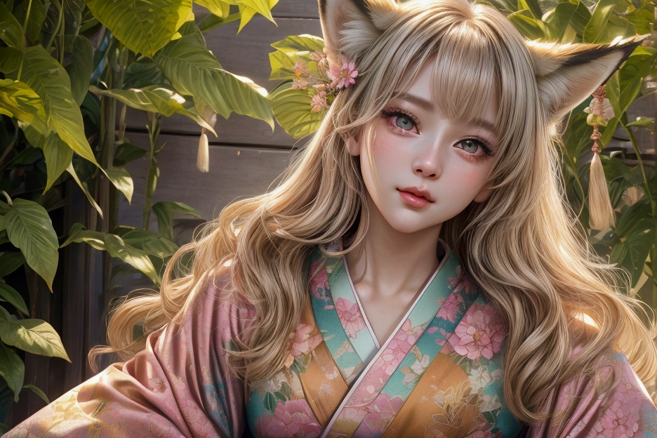 Beautiful fox ears girl、Kimono long-sleeved kimono、cute、Bright atmosphere、fun、Active、One girl、Detailed face、Beautifully detailed eyes、Beautifully detailed lips、Long eyelashes、Very detailed、Very detailed、Facial Variations、（Best Quality、4K、8k、High resolution、masterpiece：1.2）、Super detailed、（Real、Photorealistic、Photorealistic：1.37）、Vibrant colors、Warm lighting、Soft Focus、Kimono pattern、Intricate details、Dynamic pose、Natural setting、green々Leaf、Floral accents、