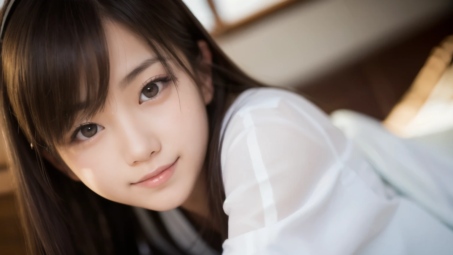 (8k, RAW photo, top quality, masterpiece: 1.2), (realistic, photorealistic: 1.37), ultra detail, ultra high resolution, one girl, beholder, beautiful detailed face, smile, constriction, (slim waist): 1.3), shirt, beautiful detailed skin, skin texture, floating hair, professional lighting, middle chest, gentle eyes, white sleeveless