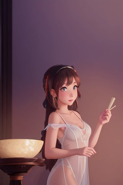 a cute yuna, 2, wearing a sheer night gown without underwear, off the shoulders, leaning against a wall, enjoying a bowl of steamy hot noodle soup using chopsticks, joyful expression, light shining through the gown, intricate detailed face, beautiful detailed eyes, beautiful detailed lips, extremely detailed eyes and face, long eyelashes, highly detailed, 8k, photorealistic, studio lighting, physically-based rendering, concept art, warm color tones, chiaroscuro lighting
