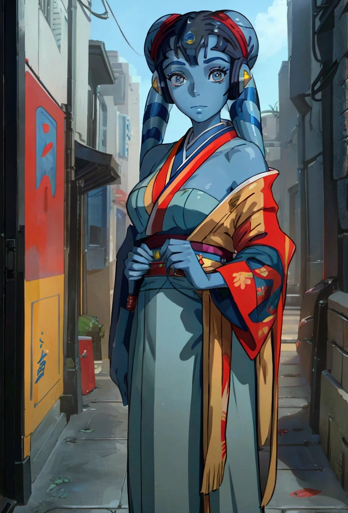 Star Wars,Aayla Secura, a female twi'lek,blue skin,wearing gorgeous red and yellow Kimono,As Geisha, anime, holding a blue lightsaber, Studio Ghibli style,anime, in Japanese beautiful traditional entertainment district, beautiful face
