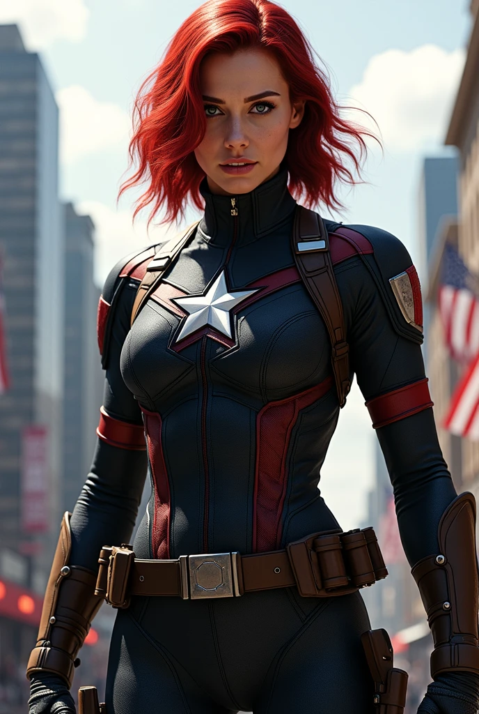 1girl, masterpiece, best quality, 8k, detailed skin texture, detailed cloth texture, beautiful detailed face, intricate details, ultra detailed, Black Widow in the style of the Captain America, straight red hair, dynamic pose
