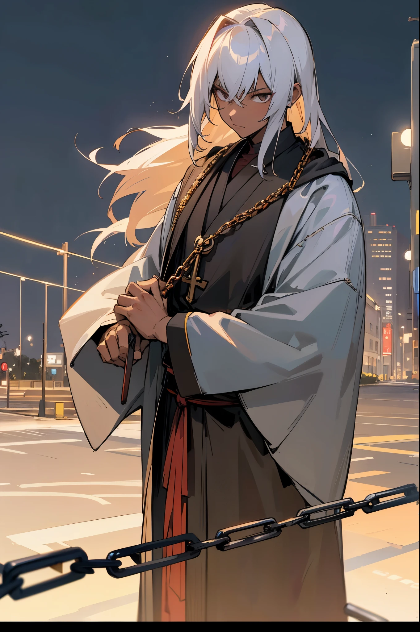 Catawba hair color, male, city background, street clothes, black skin color, priest robes, chain,