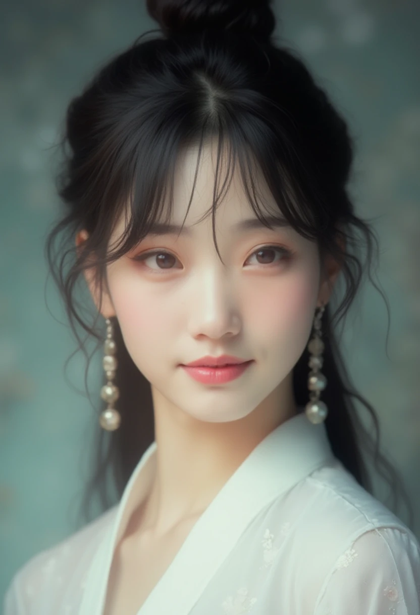 best qualtiy, 超高分辨率, (realisticlying:1.4), one-girl, A pair of clear and moving peach blossom eyes,Royal Sister,(full bodyesbian:1.2)a sense of atmosphere,a beauty girl,Small sling, ssmile,(brassier:1.2)(huge tit:1.2), looking at viewert, closeup cleavage ,Peach Blossom Forest,