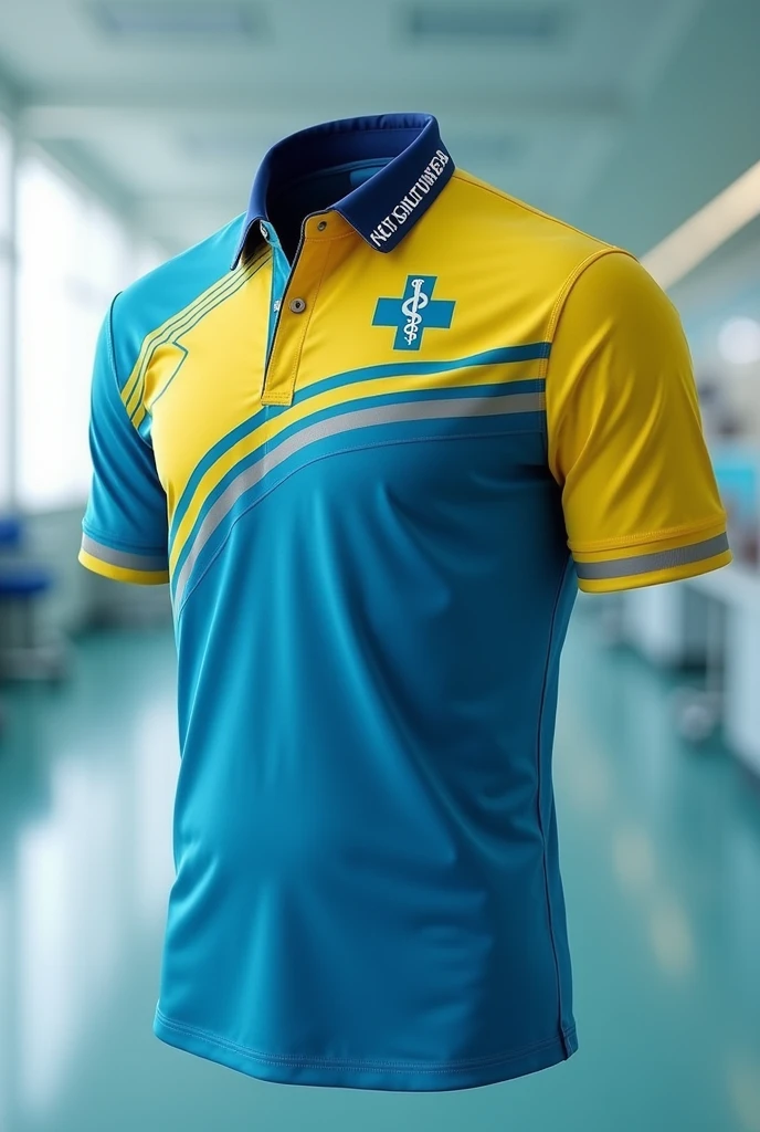Design a uniform for a drugstore, blue and white, it should be a creative polo shirt with the Villa Magna logo 