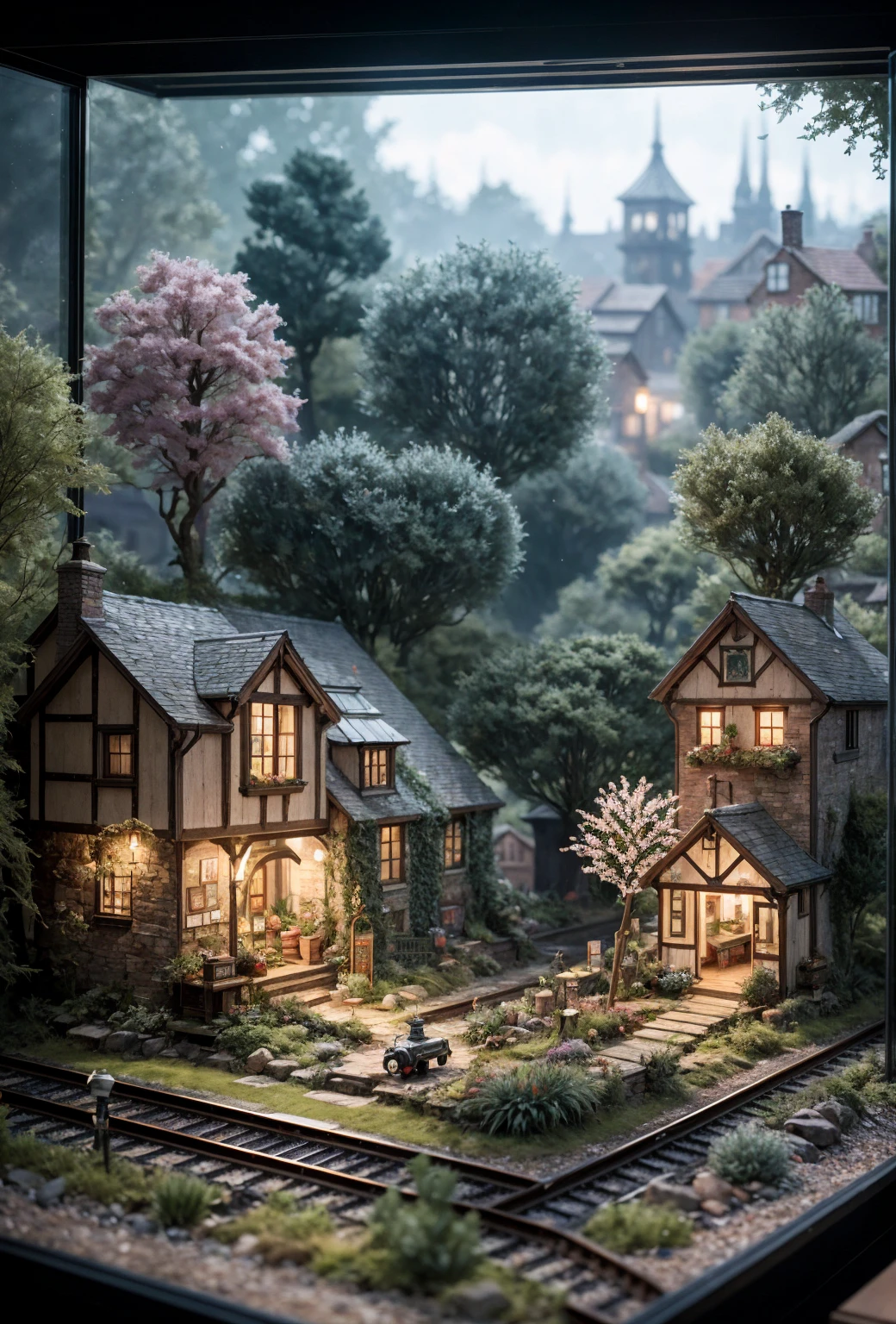 A serene terrarium diorama of a quaint countryside village with a miniature high-end model railway, cinematic lighting, photorealistic quality, intricate details, and a poetic, award-winning aesthetic.