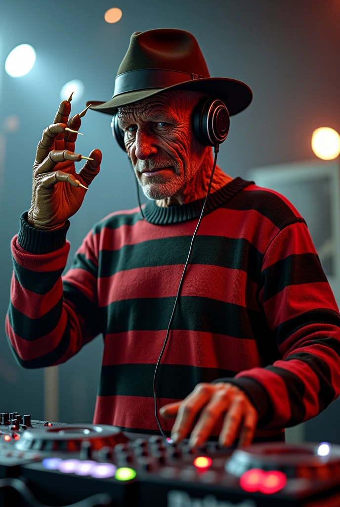 Realistic image of Freddy Krueger, listening to an old radio ,On the walls there are writings in(( Spanish)) they say ((the paranormal night)) in red  ((Henry 2.0))