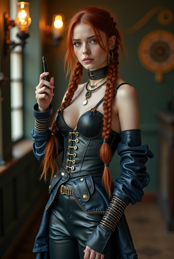 (photo, photorealistic:1.37), one girl, full body, sitting on a chair, shot from side, profile, slow motion, female steampunk engineer, (wearing a gray jumpsuit with steampunk details:1.2),(ornately decorated intercom headset:1.3), (ornately decorated choker), (insanely detailed steampunk, bloom:1.5), (detailed pupils:1.1), detailed face and green eyes, Masterpiece, best quality, (highly detailed photo:1.1), (long ginger Hair, ponytail,ecstatic:1.1), (young woman:1.1), sharp, (perfect body:1.1), realistic, real shadow, 3d, (steampunk workshop interior filled with lots of steam pipes background:1.2), photographed by Canan EOS R6, 135mm, 1/1250s, f/2.8, ISO 400