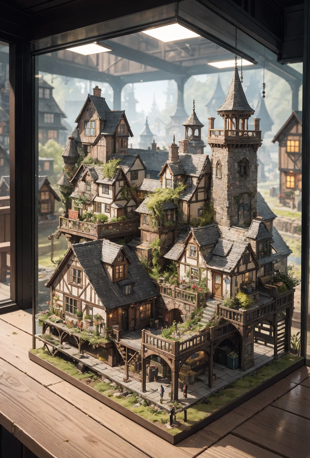 A serene terrarium diorama of a quaint countryside village with a miniature high-end model railway, cinematic lighting, photorealistic quality, intricate details, and a poetic, award-winning aesthetic.