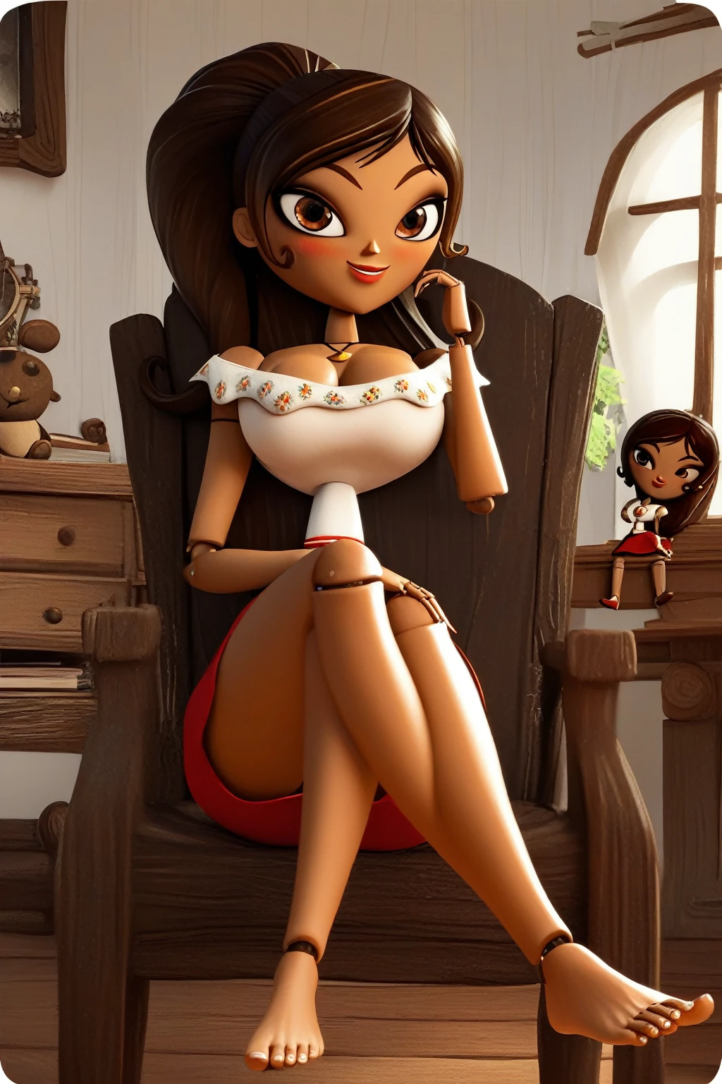 1girl, long hair, ponytail, necklace, joints, cleavage, bare shoulders, off shoulder, wood doll, dark skin, Brown Hair, bedroom, smile, blushing, Big breasts, dark skin, feet, sexy ass, solo, 1 girl, looking at viwer, front view, sitting on chair, showing a feet, white dress, red skirt, mini skirt, cute feet, wood doll, wood skin, extended a leg