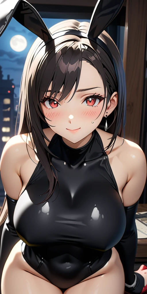 (((((tifa lockhart:1.5))))),((Highest quality、masterpiece、anime style、best quality、high resolution、8k、detailed、ultra-detailed:1.3))、Long legs:1.2, Beautiful woman with perfect figure:1.4、(Smiling:1.2), double eyelid、30-year-old female、((((One Woman,beautiful face,Beautiful face:1.5)))),Big Breasts、High resolution, accurate, Anatomically correct, High-resolution model, high quality, Very detailed, Ultra high definition、Black Hair、Straight Hair、Long Hair、(((Bunny girl、black Bunny ears headband,blushed face:1.1))),night,full moon、Under the eaves