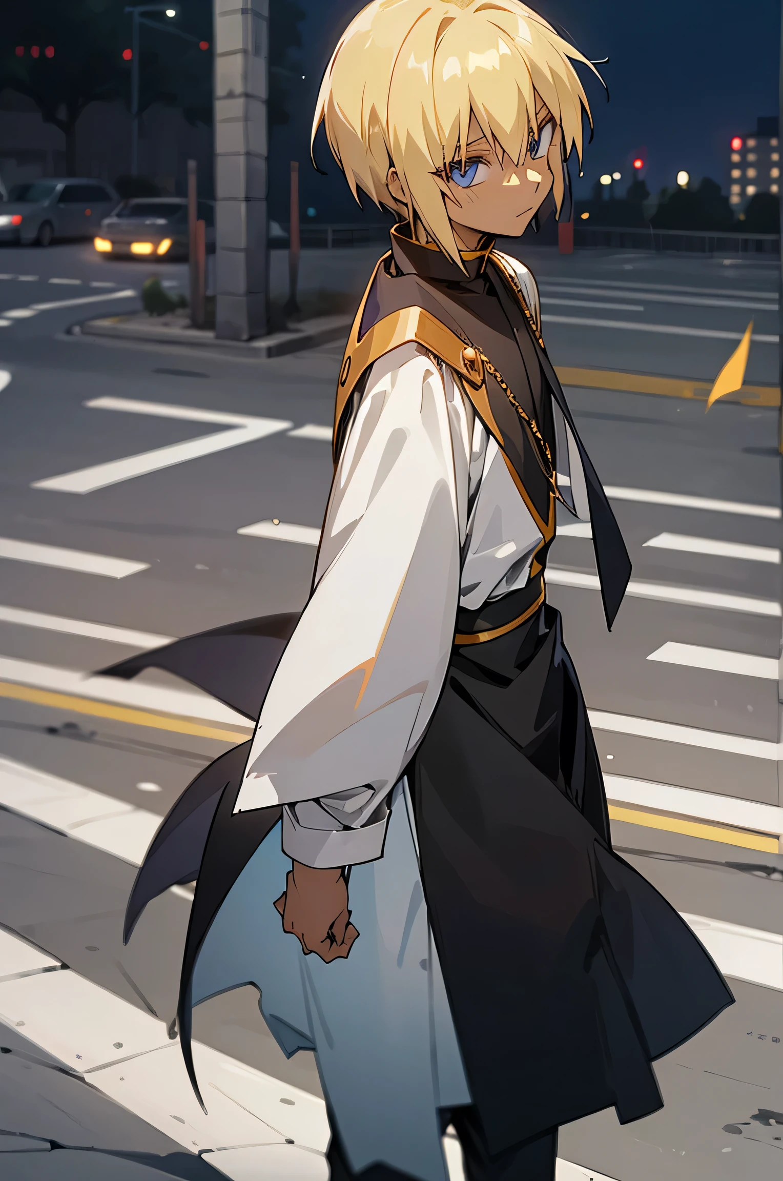 Catawba hair color, male, city background, street clothes, black skin color, priest robes, chain, Kurapika clothing