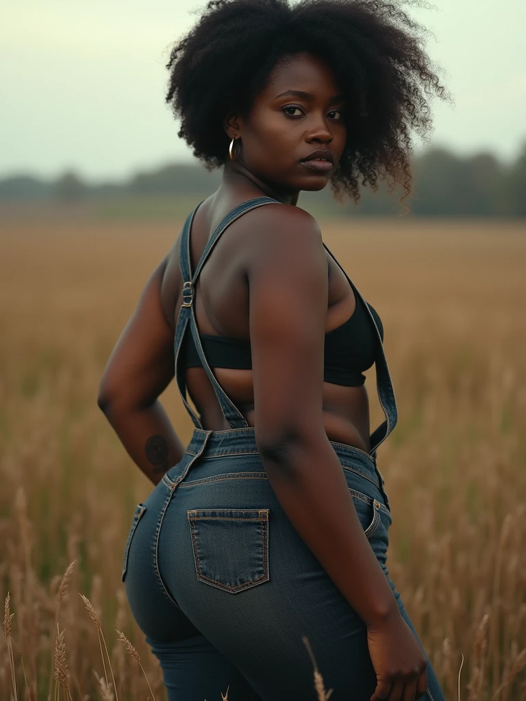 Wheat field, landscape shot, single tree, woman, , rear view, , naked, shapely ass, heart-shaped ass, butt, breezy, long flowing hair, black skin, very dark skin, plug, buttplug, cyberpunk