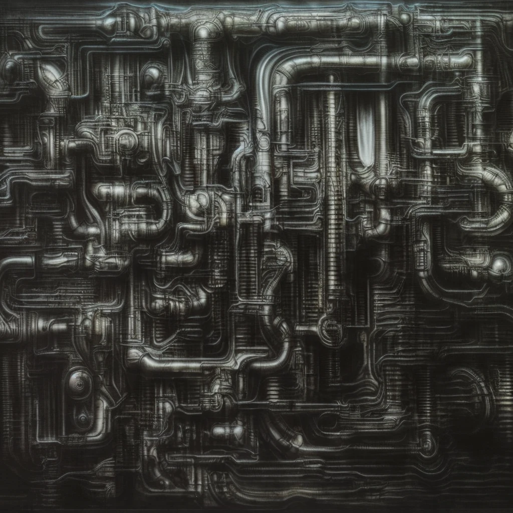 a drawing of a bunch of pipes and wires in a room, giger textures, biomechanical pattern, mechanical form of life, inspired by Hans Burgkmair, biomechanical, intricate metal, style of h. r. giger, style of h.r. giger, giger art, intricate organic painting, phlegm