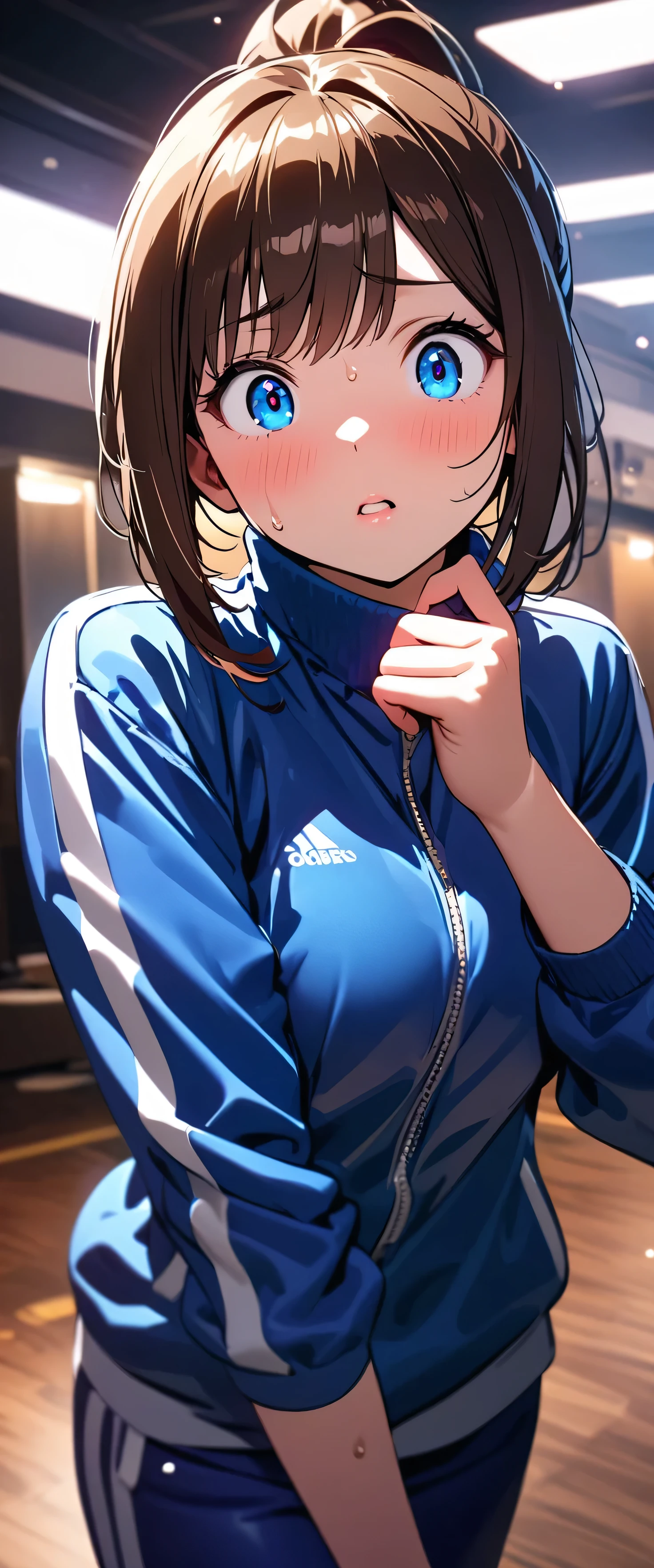 (One transcendent beautiful girl)、(((Volleyball Player))),ultra-detailed、(8K, RAW photo, best quality, masterpiece:1.2), (extremely detailed 8K wallpaper),professional lighting,sharp focus, depth of field、(((Detailed and accurate face))),((head shot)),((Highest quality)), ((masterpiece)), (((Volleyball Uniforms))),((Perfect Face、Beautiful Eyes)),(((Brown hair ponytail、Bun Hair)))、(((Blushing、Sweat、Heavy breathing))),(((Embarrassing)))、(((Club room、locker、Wall-don)))