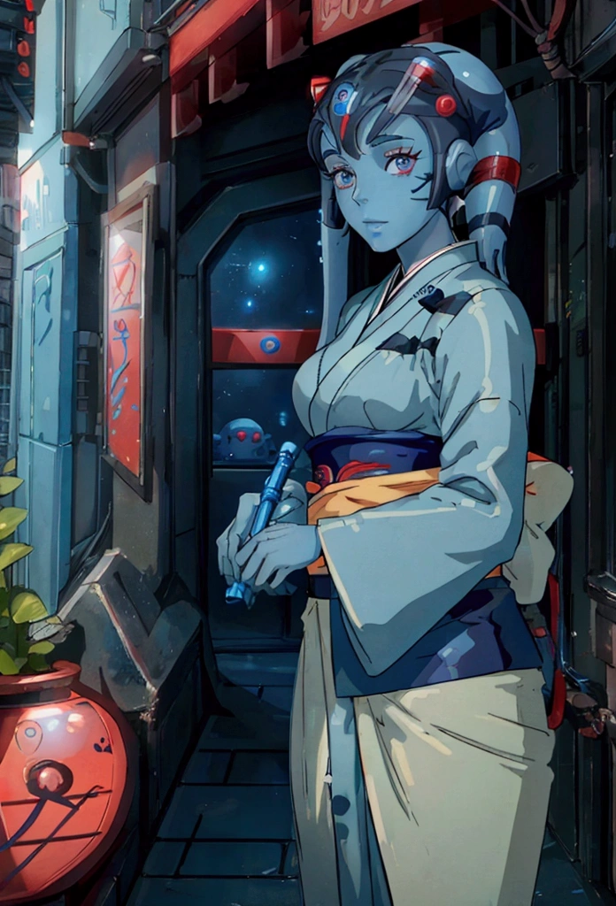 Star Wars,Aayla Secura, a female twi'lek,blue skin,wearing gorgeous red color Kimono,As Geisha, anime, holding a blue lighting lightsaber, Studio Ghibli style,anime, in Japanese beautiful traditional entertainment district, beautiful high detailed face, high quality, masterpiece, 8k