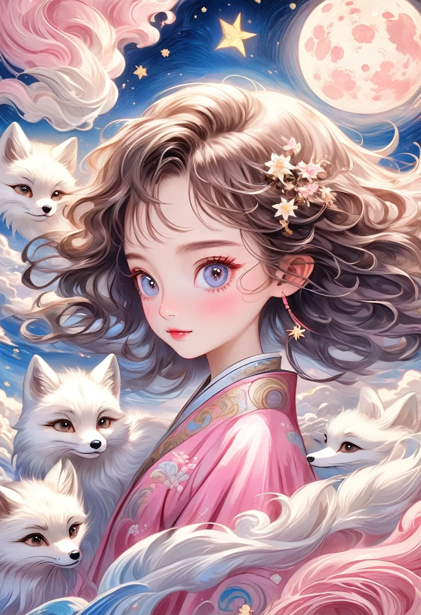 Hand-drawn style：粗糙的Texture，1 boy，1 girl，Beautiful face，Long fluffy hair，Surprise Hairstyle，Big eyes，Bright eyes，Delicate eyelashes，Hanfu，Human anatomy is correct。cloud，Star，moon，arctic fox，Beautiful details，Texture，Pink and Gold，Immerse yourself in the art of Van Gogh