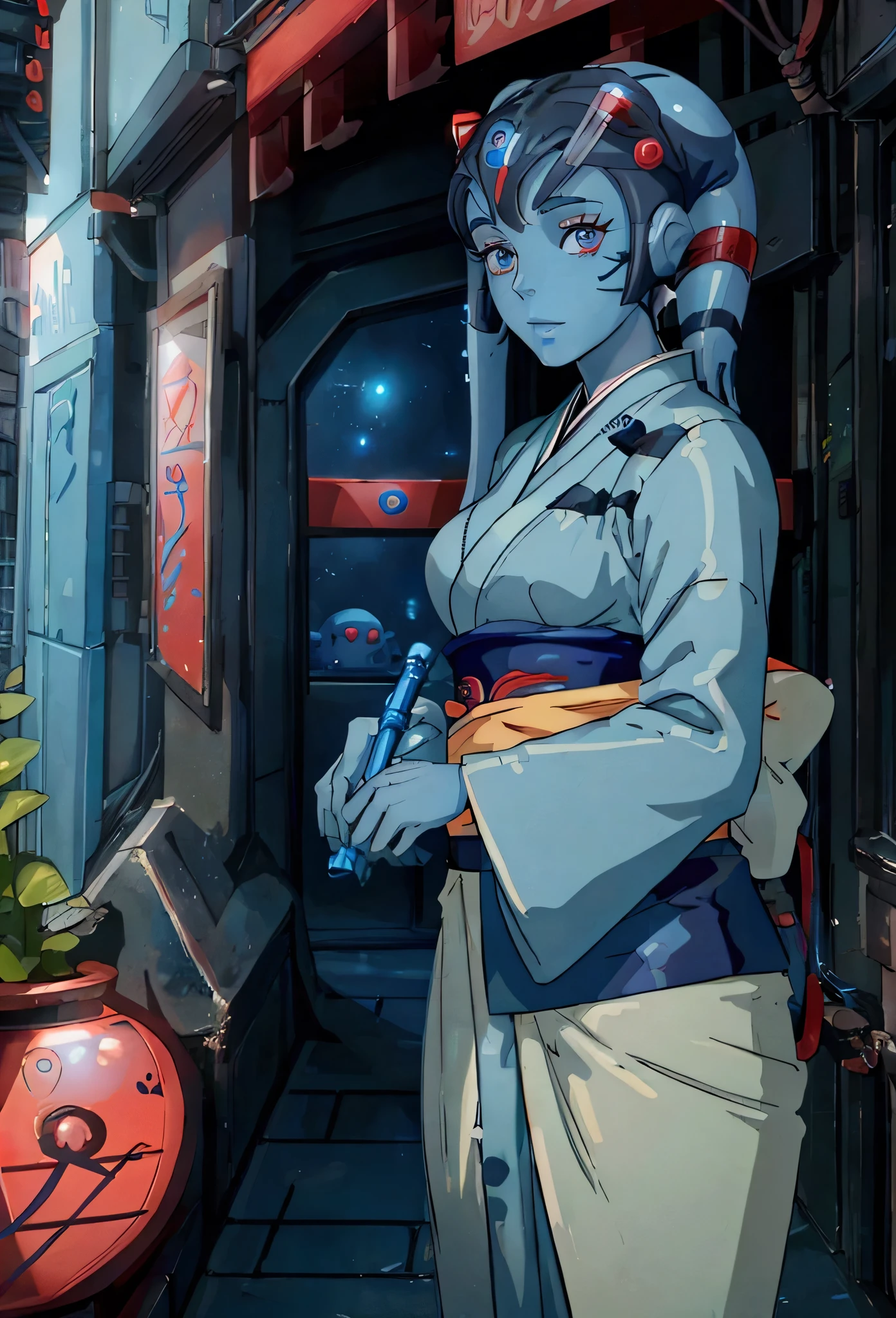 Star Wars,Aayla Secura, a female twi'lek,blue skin,wearing gorgeous red color Kimono,As Geisha, anime, holding a blue lighting lightsaber, Studio Ghibli style,anime, in Japanese beautiful traditional entertainment district, beautiful high detailed face, high quality, masterpiece, 8k