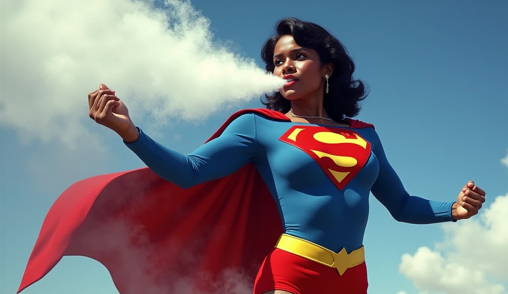 colombian girl, black hair, bob haircut, black eyes, supergirl in tight bodysuit, supergirl costume, sky background, full body, ultra realistic professional photo, look at viewer, RAW photo, white goo on mouth, goo dripping from mouth