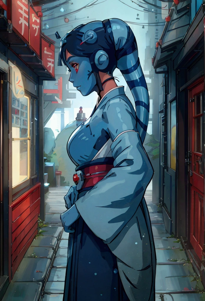 Star Wars,Aayla Secura, a female twi'lek,blue skin,wearing gorgeous red color Kimono,As Geisha, anime, holding a blue lighting lightsaber, Studio Ghibli style,anime, in Japanese beautiful traditional ryokan, beautiful high detailed face, high quality, masterpiece, 8k