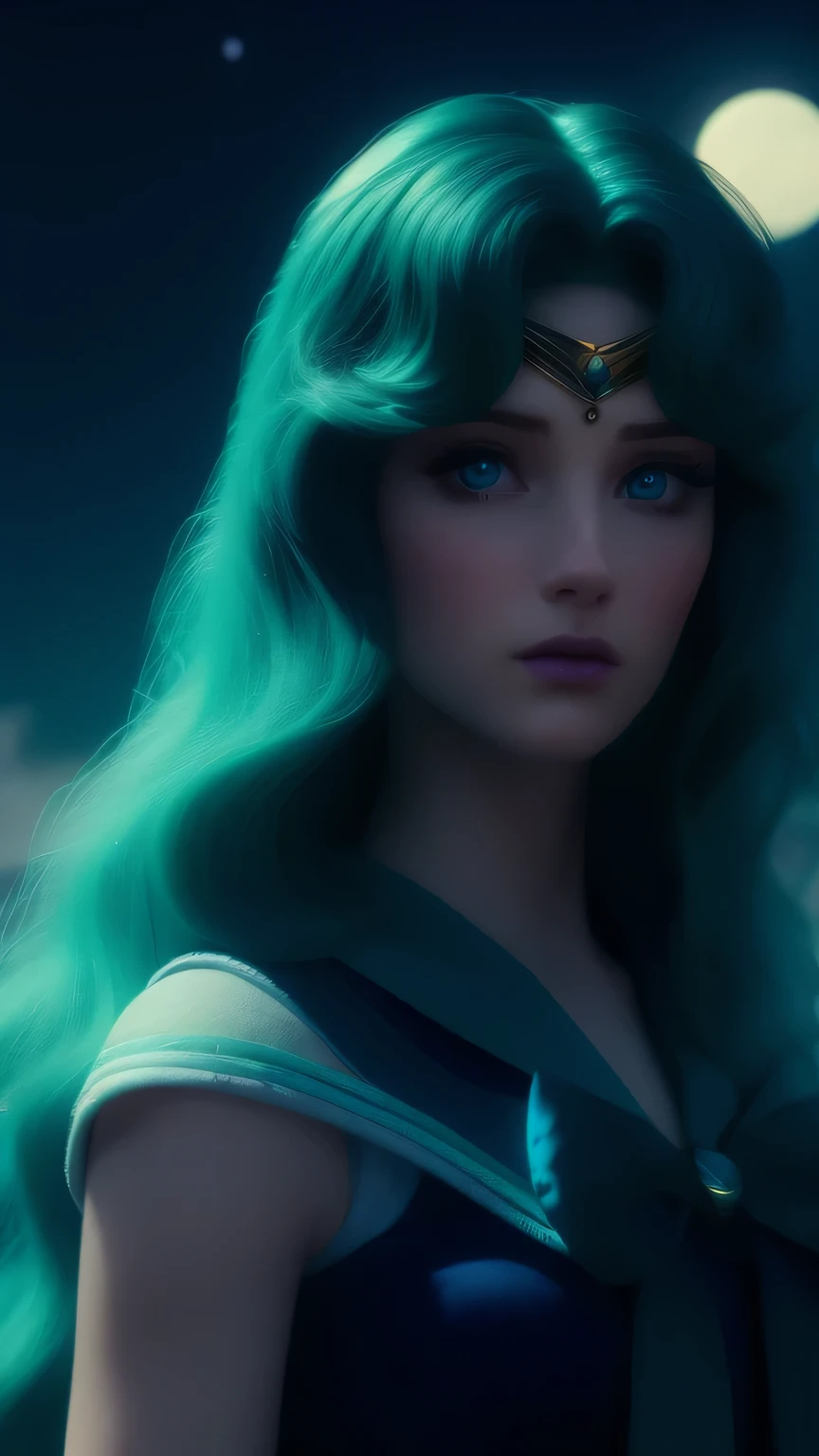 a beautiful sailor neptune, detailed facial features, piercing blue eyes, rosy lips, long eyelashes, turqoise wavy hair, sailor turqoise uniform with a blue bow, portrait in a magical fantasy landscape, colorful flowers, glowing moon in the night sky, dramatic lighting, cinematic composition, high quality, 8k, intricate details, vibrant colors, digital art, concept art style