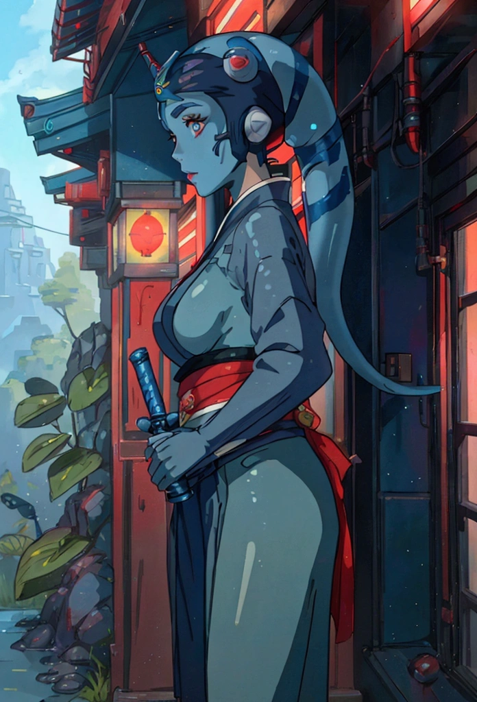 Star Wars,Aayla Secura, a female twi'lek,blue skin,wearing gorgeous red color Kimono,As Geisha, anime, holding a blue lighting lightsaber, Studio Ghibli style,anime, in Japanese beautiful traditional ryokan, beautiful high detailed face, high quality, masterpiece, 8k